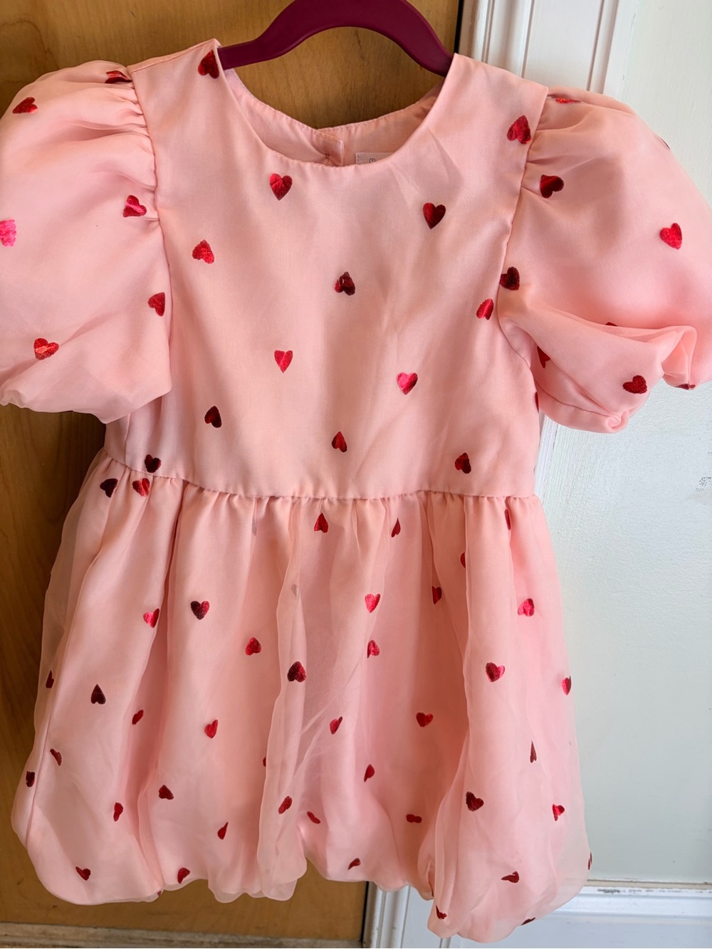 Girls Pink Heart-Print Puff Sleeve Dress